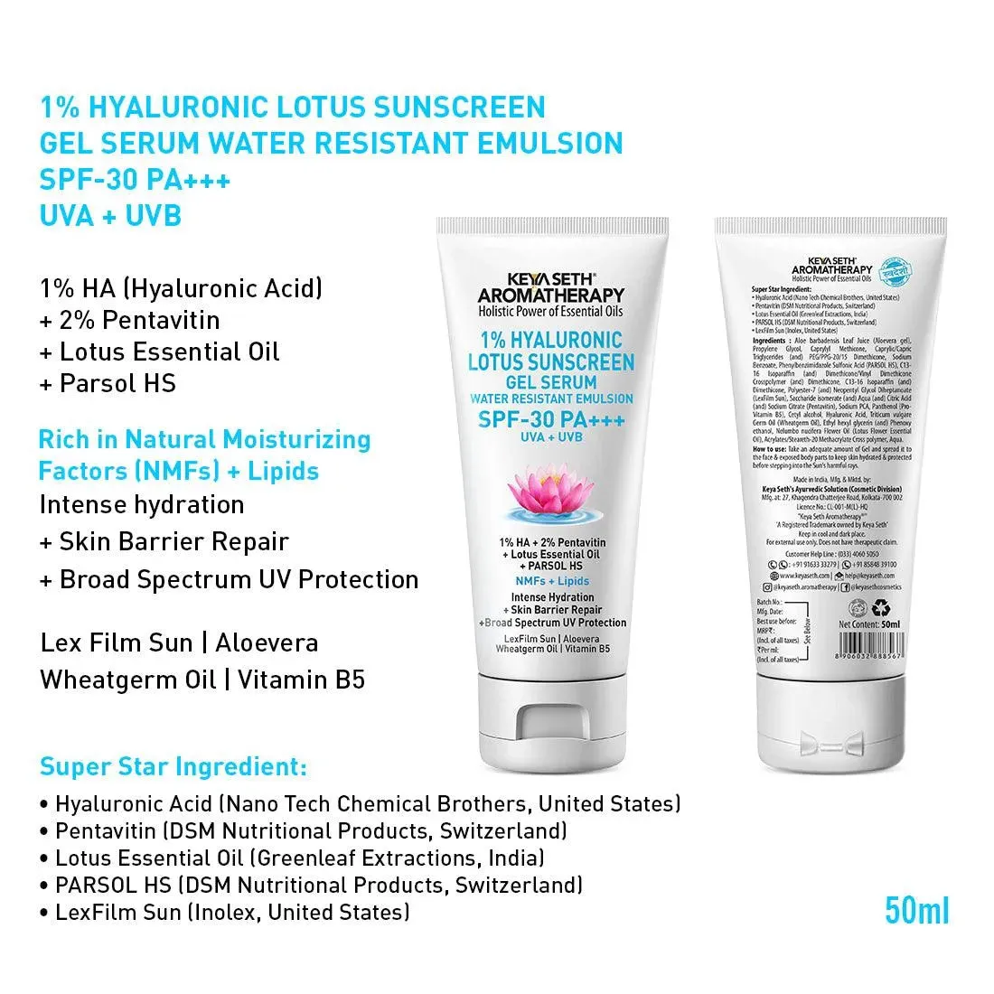 1% Hyaluronic Lotus Sunscreen Aqua GEL Serum, SPF 30 UVA   UVB ,2% Pentavitin   Parsol HS, NMFs   Lipids, Water Resistant   Skin Barrier Repair