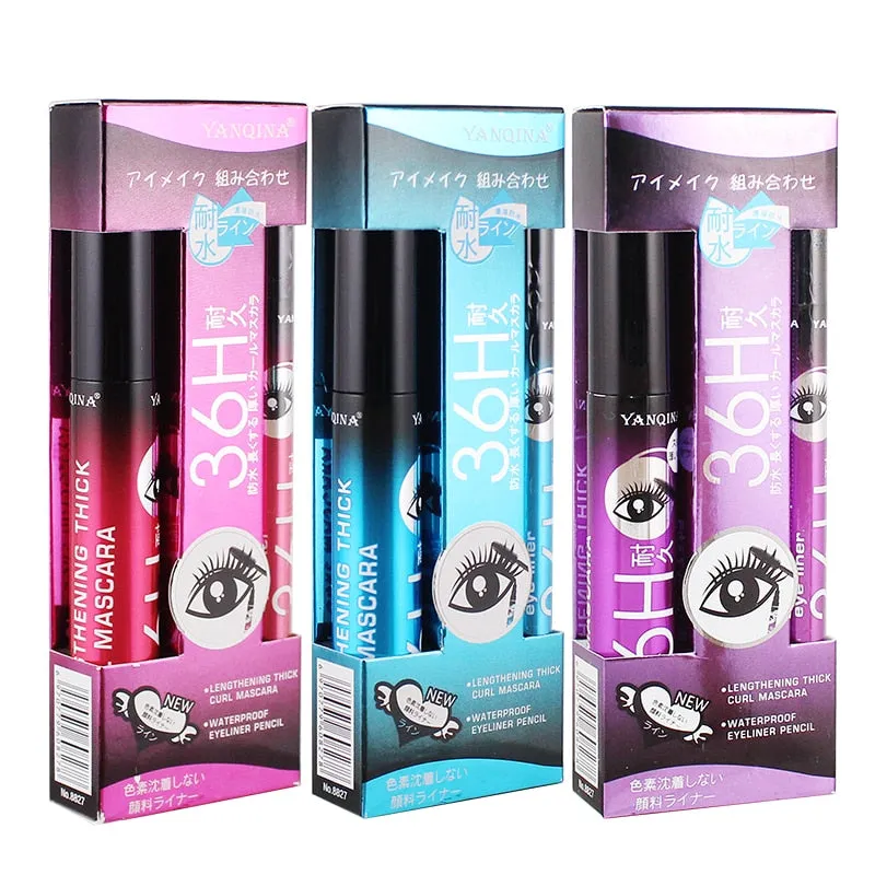 36H Black Waterproof Liquid Mascara 4D Fiber Lashes Curling Thick Lengthening Black Mascara Volume Eyelashes Korea Makeup Set