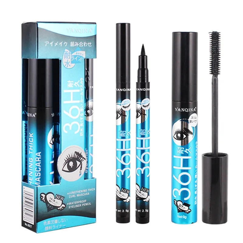 36H Black Waterproof Liquid Mascara 4D Fiber Lashes Curling Thick Lengthening Black Mascara Volume Eyelashes Korea Makeup Set