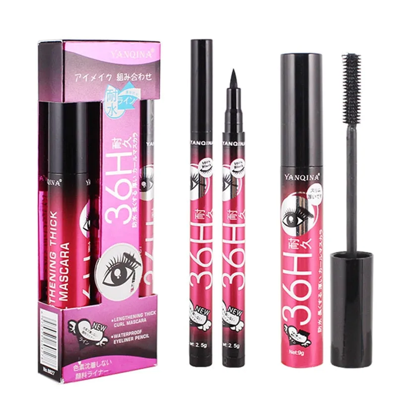 36H Black Waterproof Liquid Mascara 4D Fiber Lashes Curling Thick Lengthening Black Mascara Volume Eyelashes Korea Makeup Set