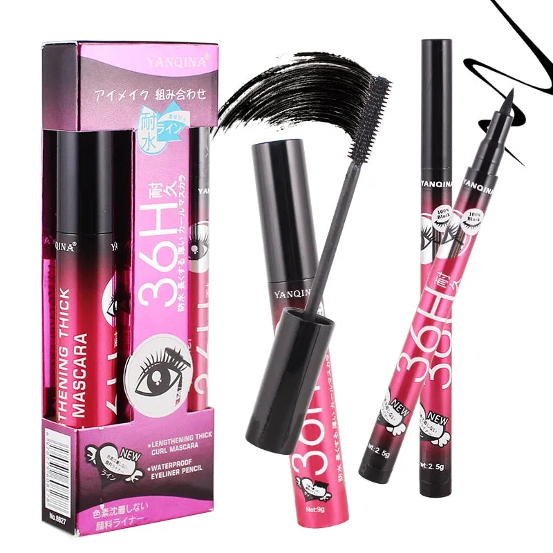 36H Black Waterproof Liquid Mascara 4D Fiber Lashes Curling Thick Lengthening Black Mascara Volume Eyelashes Korea Makeup Set