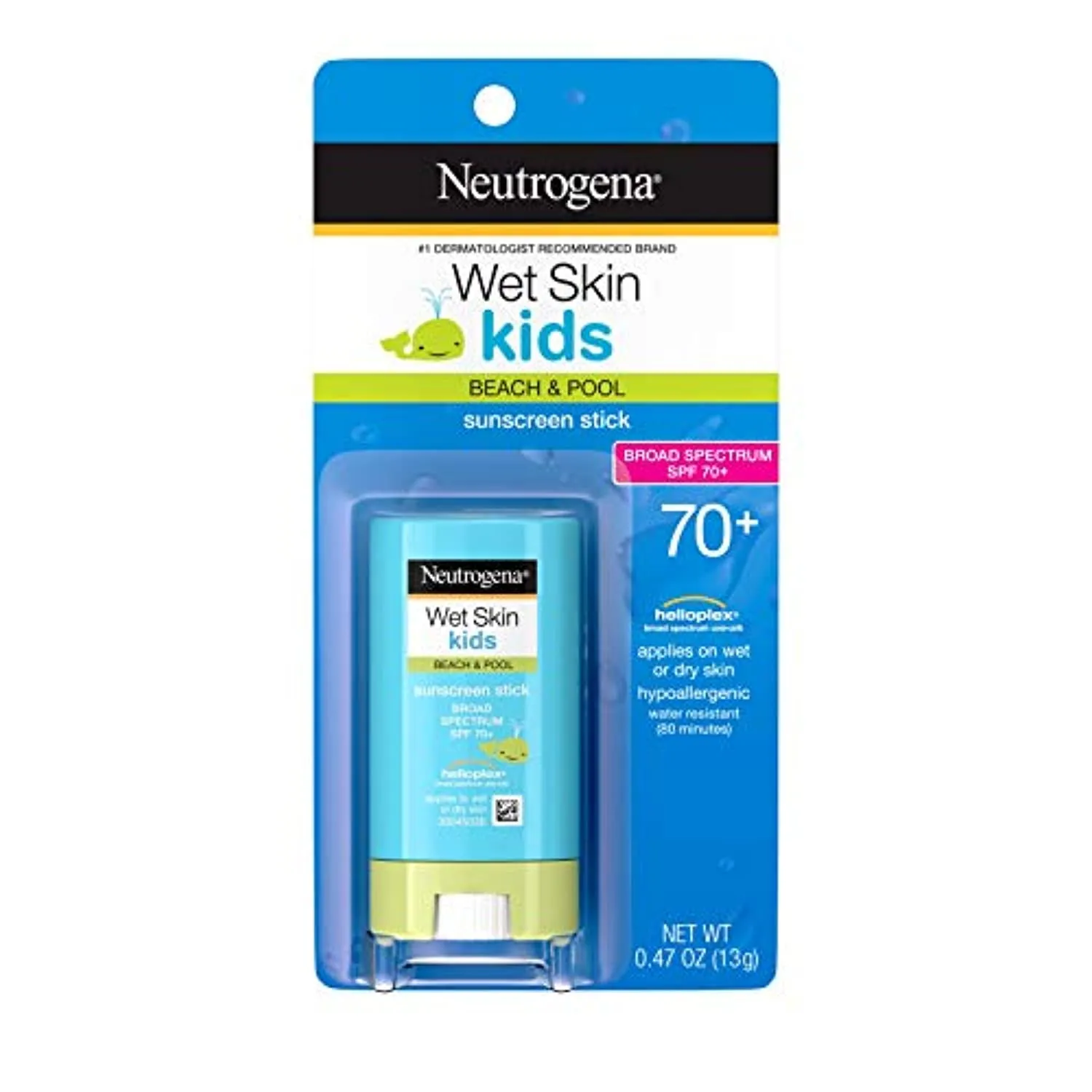 Neutrogena Wet Skin Kids Water Resistant Sunscreen Stick, Kids Sunscreen for Face and Body, Broad Spectrum SPF 70 UVA/UVB Sun Protection, Oil-Free & Hypoallergenic, 0.47 oz