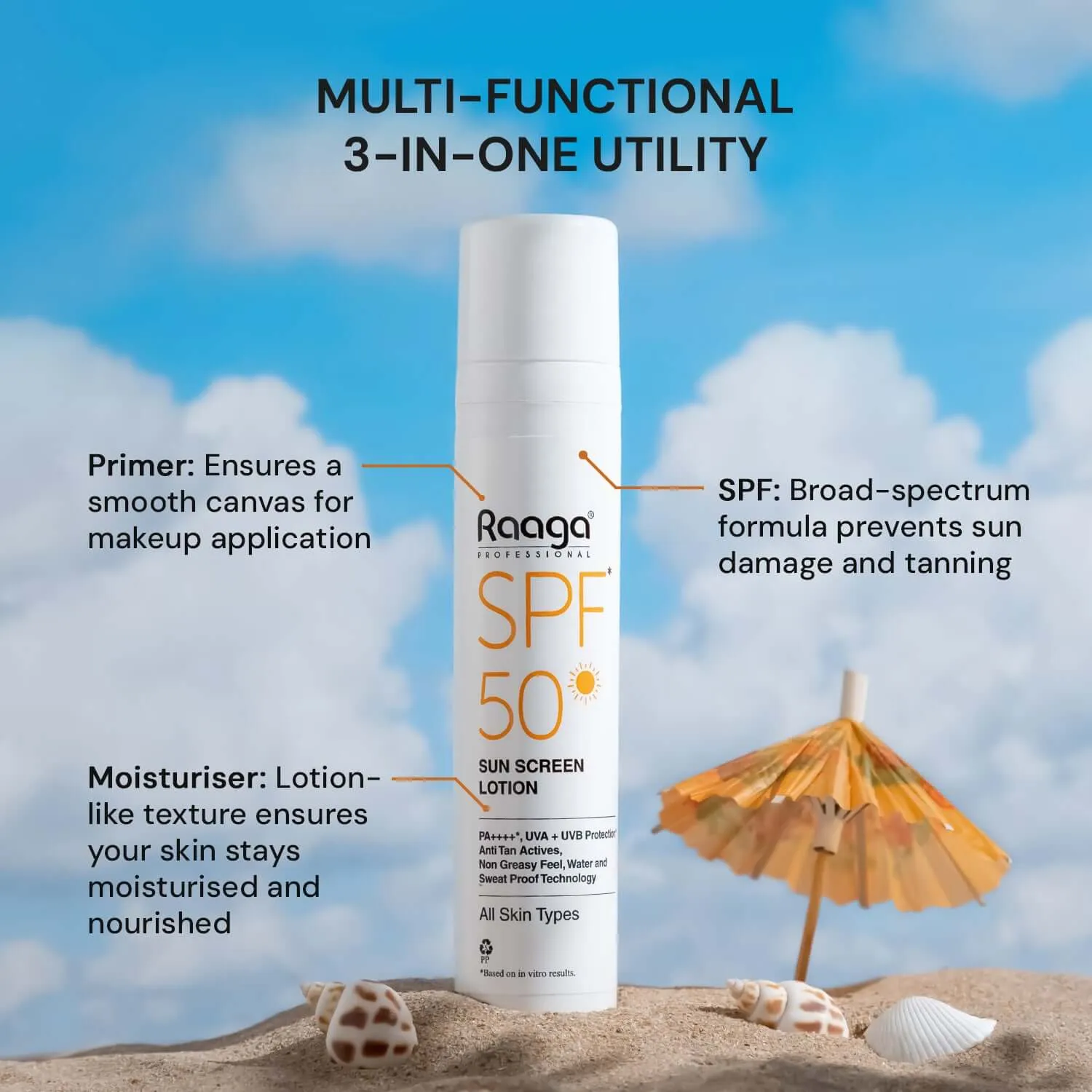 Raaga Professional SPF 50 Sunscreen Lotion | PA    , UVA   UVB Protection, Anti Tan Activities, Non-Greasy Feel, Water and Sweat Proof Technology (55 ml)